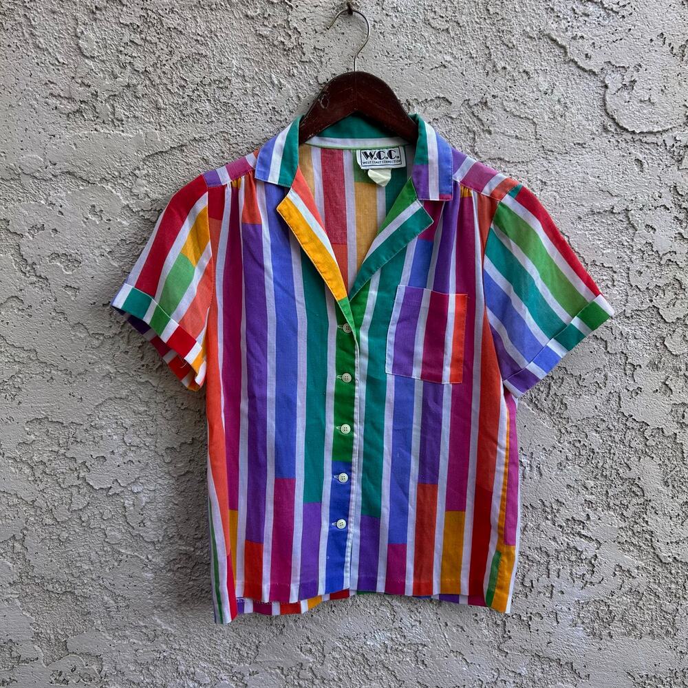 Vintage 80s Rainbow Striped Button Up Camp Shirt Pride Small